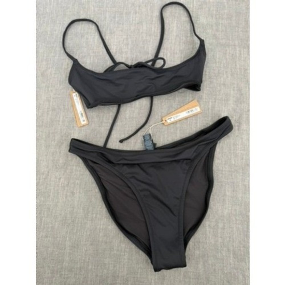 SKIMS Recycled Swim Micro Scoop Top & Mid Bikini Bottom Set Onyx Black Sz M NWT